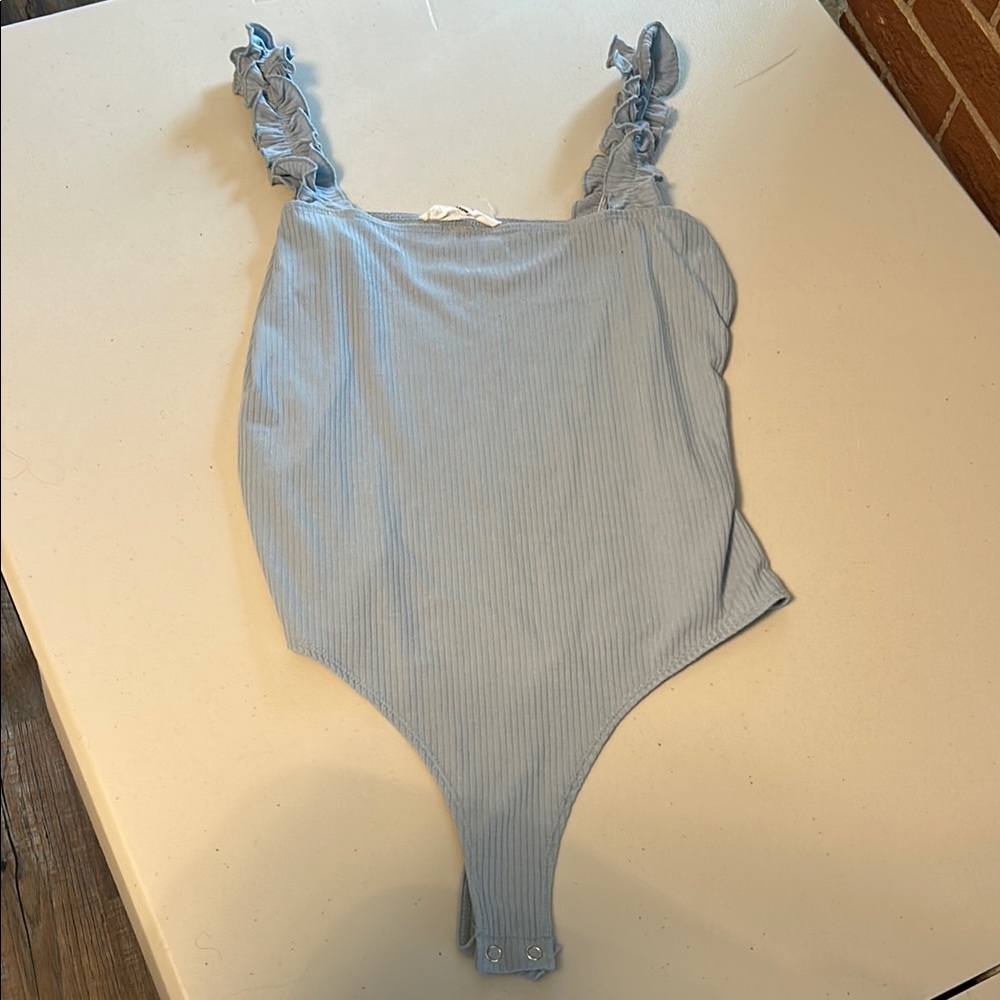Double Zero Blue Ruffle Strap Bodysuit